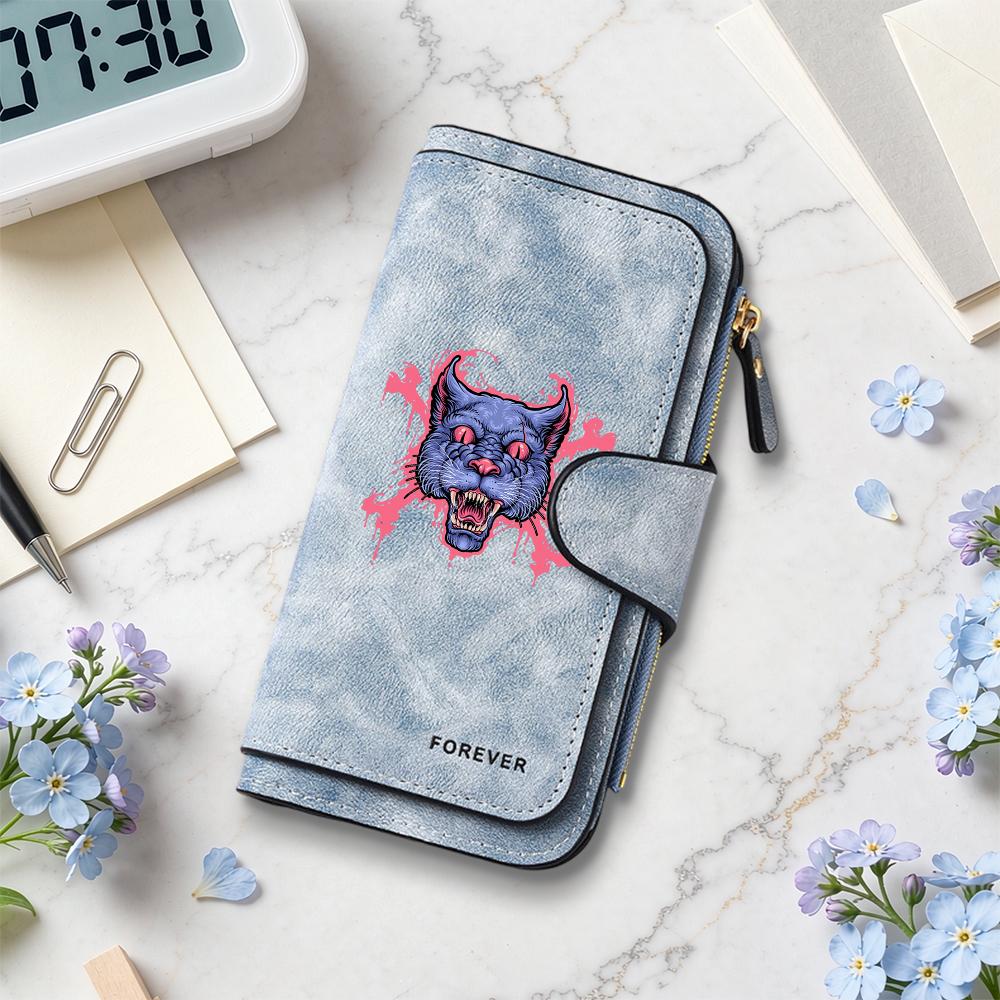 Gothic Cat Pattern Long Wallet Fashion Portable Multi Slot Card Holder Daily Use Purse