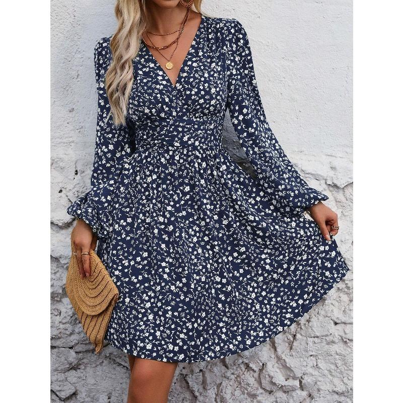 Wellenpunkt Einfarbig Langärmeliges Kleid Taillenbetonung Lässige Modische Langes Kleid