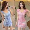 Celebrity Fashion Sexy Low Chest Printed Mesh Bottom Skinny Dress Small Short Skirt Work Clothes