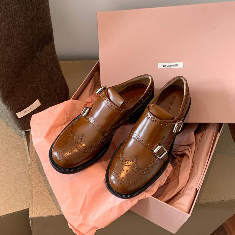Grape mother same style, exquisite carved baroque belt buckle loafers Oxford shoes single shoes Munch small leather shoes women