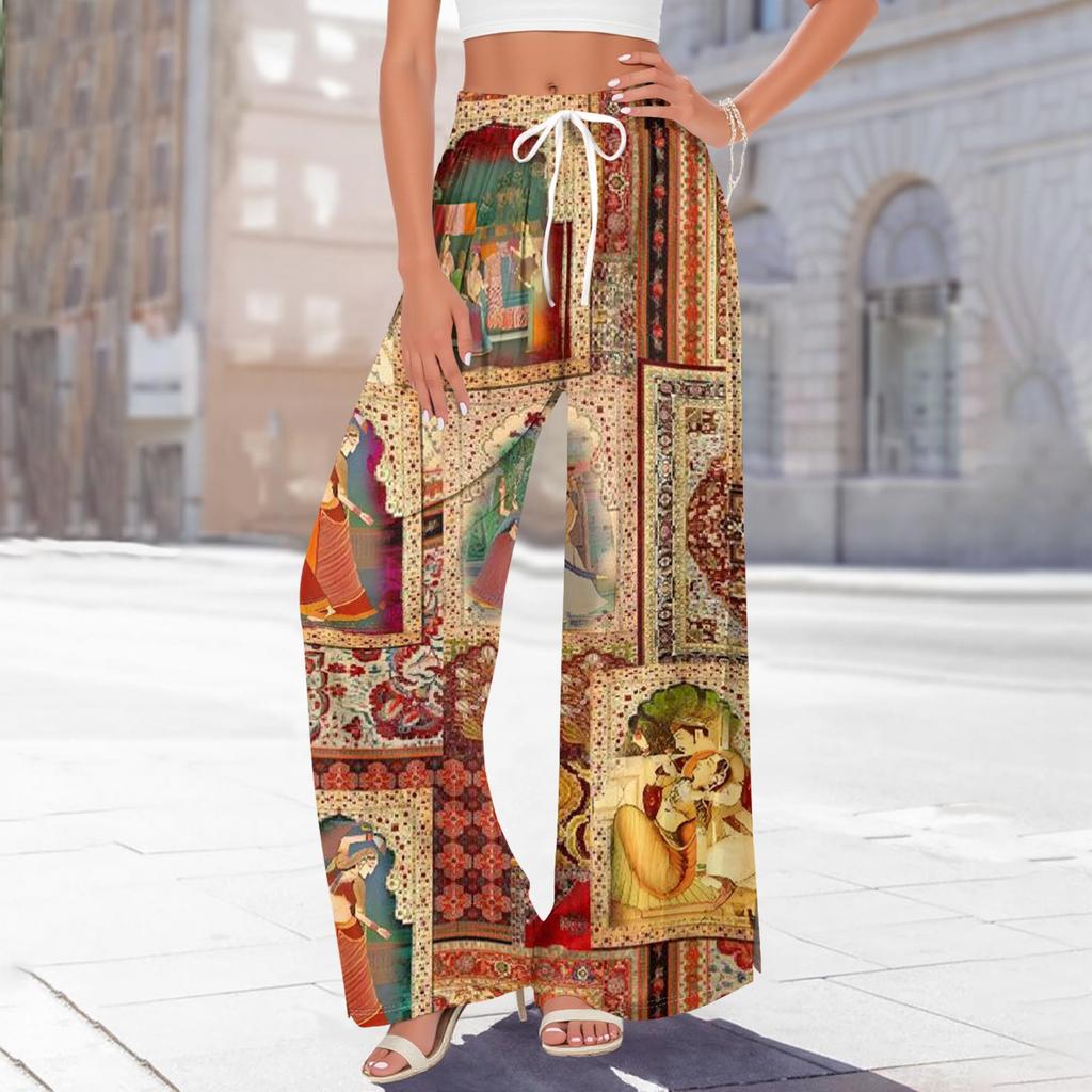 Damen Bedruckte Weitbeinige Hosen mit Taschen Hohe Taille Kordelzug Lockere Freizeit-Hosen