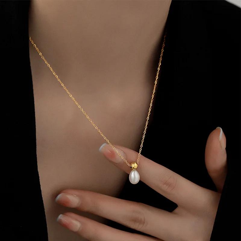 Charn Gold Color Stainless Steel Water Drop Pearl Pendant Necklace for Women Luxury Korea Bride Collar Jewelry Gift Colorfast
