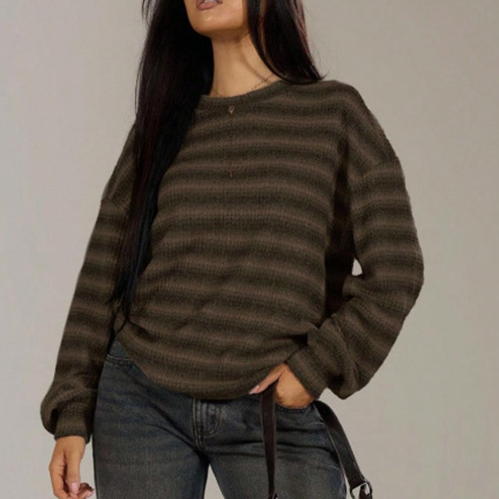 Women Casual Loose Fit Long Sleeve Pullover Top Striped Pattern Crew Neck Lightweight Soft Fabric Sweatshirt for Everyday Wear