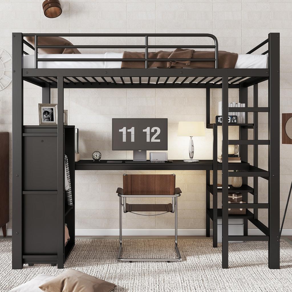 Cama de hierro, litera, adecuada para niños y adolescentes, mesa y armario, compartimentos de almacenamiento, escalera de 5 peldaños, hierro+tablero de partículas, negro, 90x200cm