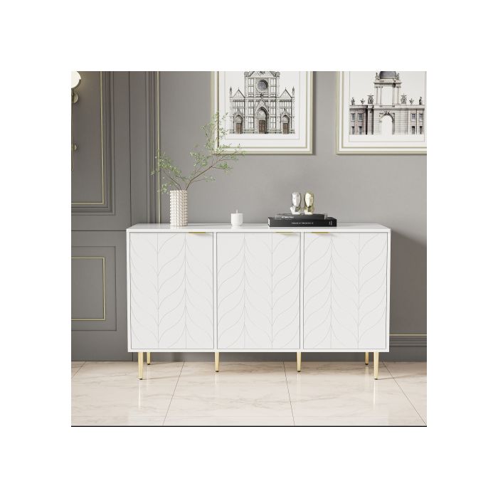 Buffet Moderne - MUVOE - Commode Laquée - 2 Tiroirs - 6 Compartiments - Blanc Doré