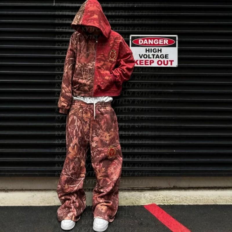 Oversized Y2K Streetwear Hoodie Set With Contrast Camo Print Loose Fit Sweatshirt Straight Leg Pants Teens