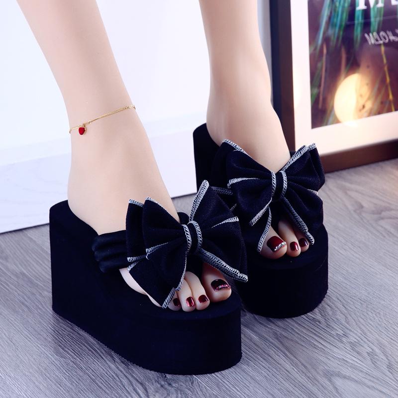 2025 new daily wedges platform slippers woman bow flip-flops lovely butterfly-knot slides female vacation beach flipflops