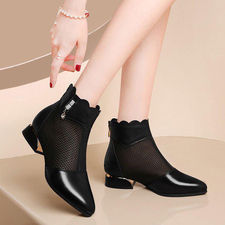 2025 Women's Spring-Summer Soft Leather Breathable Mesh Boots - Mid-Heel, Low Heel, Non-Slip, Round Toe, Chunky Heel Sandals