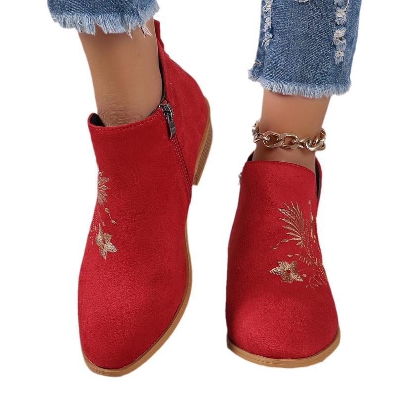 Women's Wide Width Embroidered Ankle Boots, Round Toe Chunky Heel Side Zipper Martin Boots, European Style Fashion Booties for Women