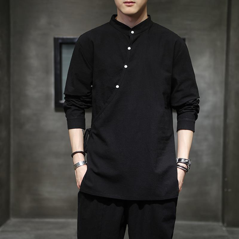 Men's Chinese-Style Linen-Cotton Long-Sleeve T-Shirt for Zen Meditation and Tea Ceremony
