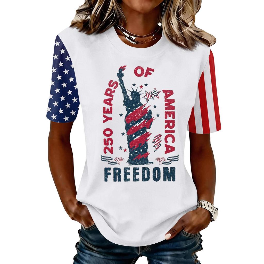 Blusa Feminina da Moda Casual de Manga Curta com Estampa e Gola Redonda