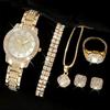 6Pcs Elegant Roman Dial Quartz Wristwatch Luxury Alloy Rhinestone Set Fashion Necklace Earrings Bracelet Jewelry Gift For Ladies