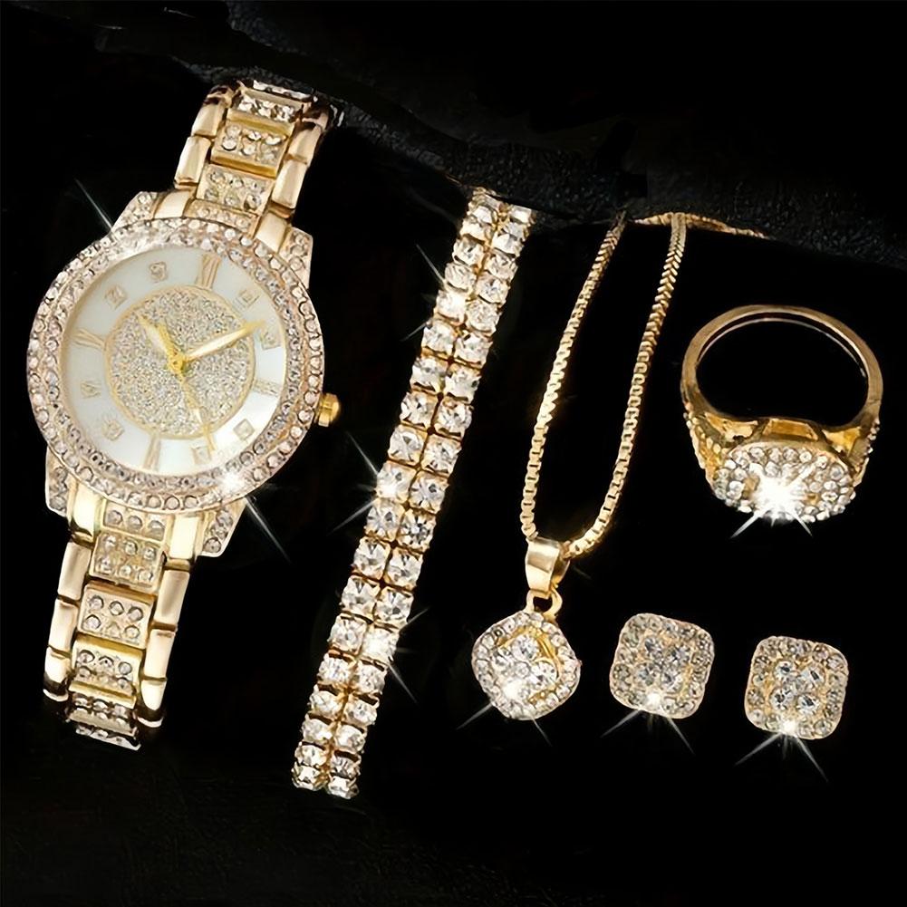 6Pcs Elegant Roman Dial Quartz Wristwatch Luxury Alloy Rhinestone Set Fashion Necklace Earrings Bracelet Jewelry Gift For Ladies