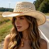 Sonnenhut Natürliche Raffia Handgewebt Leicht Atmungsaktiv Breiter Rand Strohhut Hohl Design Seil Dekoration Westlicher Cowboyhut