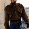Women Brown Loose Long Sleeve Corduroy Biker Style Casual Commute Jacket