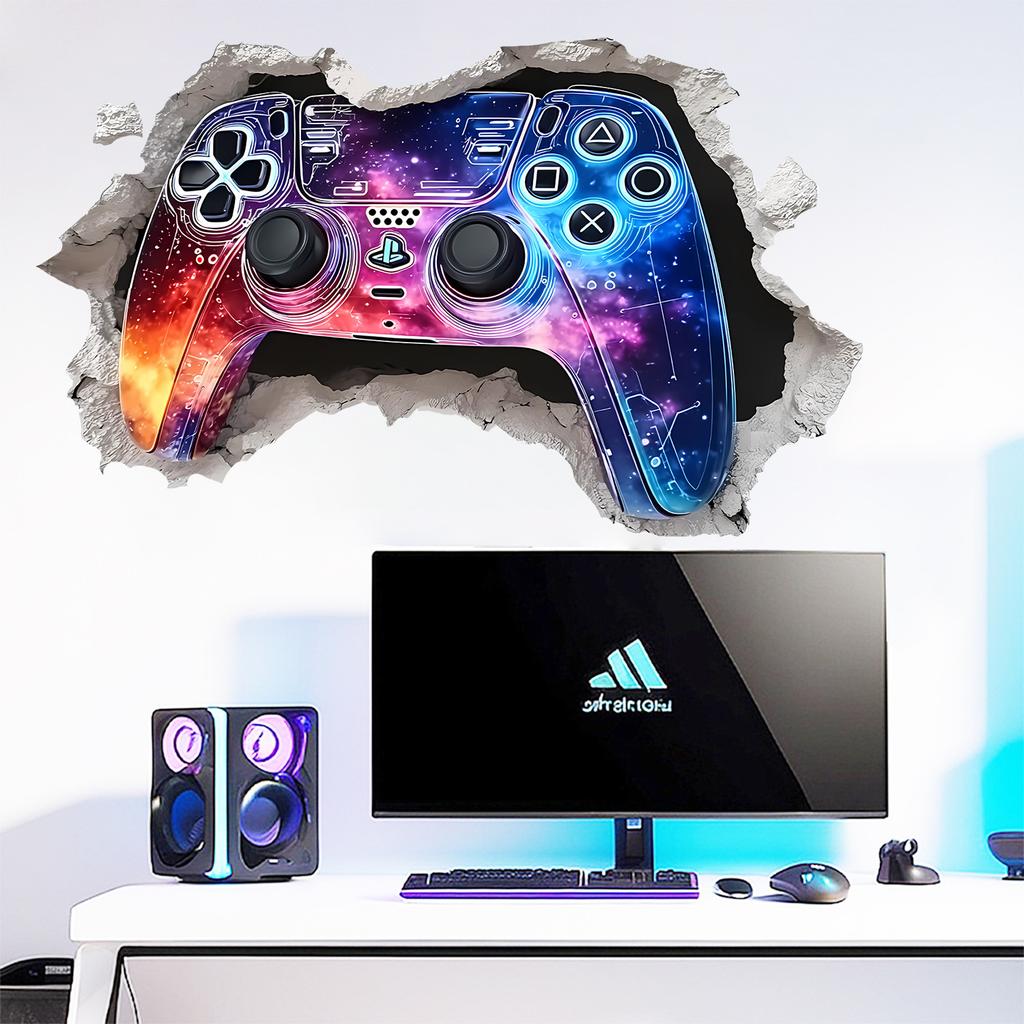 Tecknad 3D Bryta Vägg Spelkontroll Väggklistermärke Självhäftande Avtagbar för Sovrum Vardagsrum Arbetsrum Heminredning