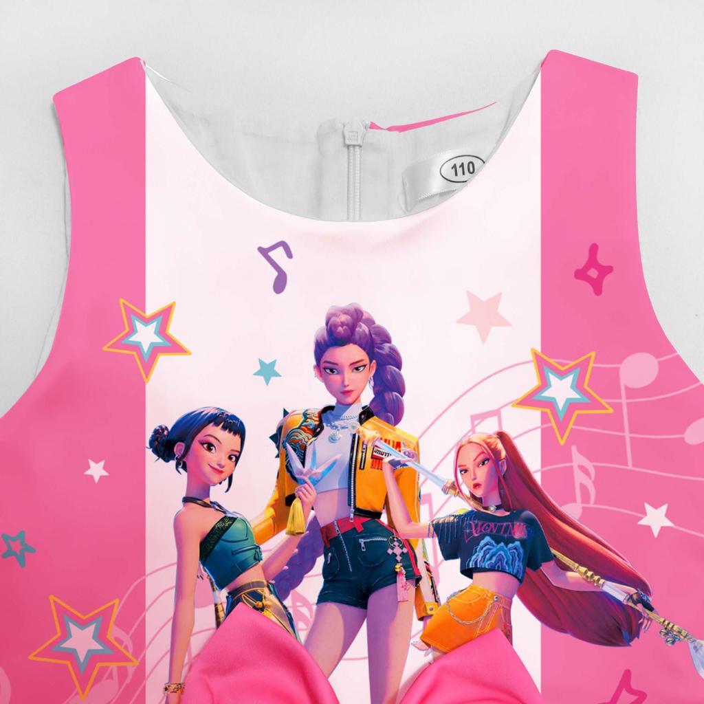 **Demon Hunter Girl Group Printed Bowknot Dress – Children's Singing & Dancing Formal Wear**