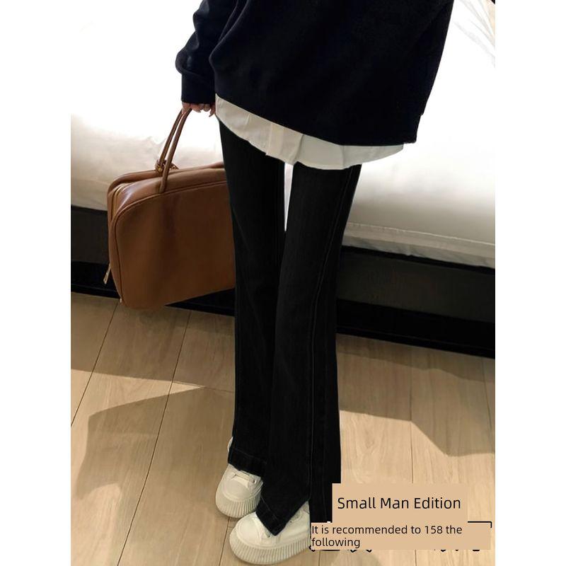 Dark Blue Slit-Flare Jeans for Women, New Spring Style for Plus-Size Girls, Pear-Shaped Body, High-Waisted, Slimming Flared Pants