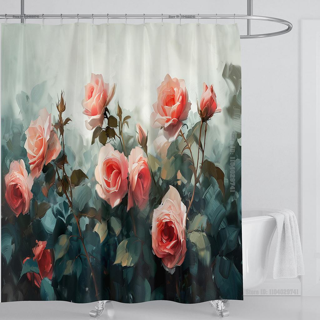 Rose Flower Shower Curtain Waterproof Shower Curtain Polyester Fabric 3D Printed Curtain Bathroom Decoration With Hook