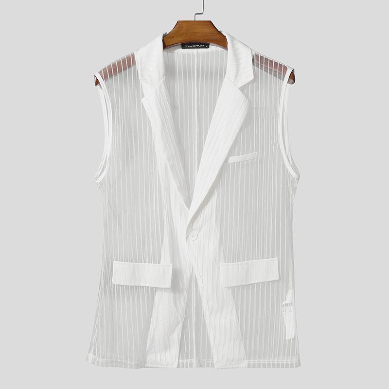 INCERUN Men Lapel Sleeveless Stitching One Button Striped See Through Waistcoats