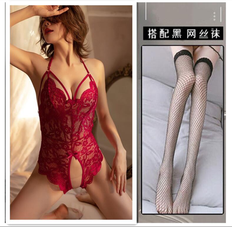 Lace perspective seduction lingerie sexy hot onesie open crotch free sex suit passion pajamas women