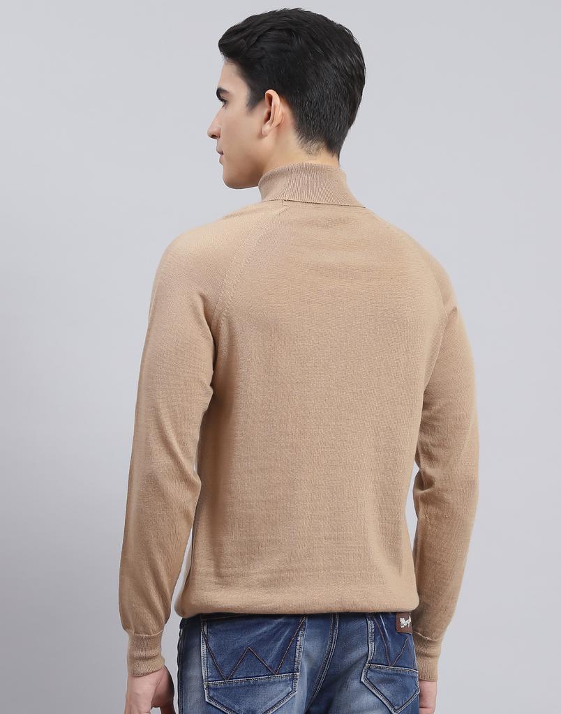 MONTE CARLO Mens Solid Camel Brown High Neck Full Sleeve Pullover