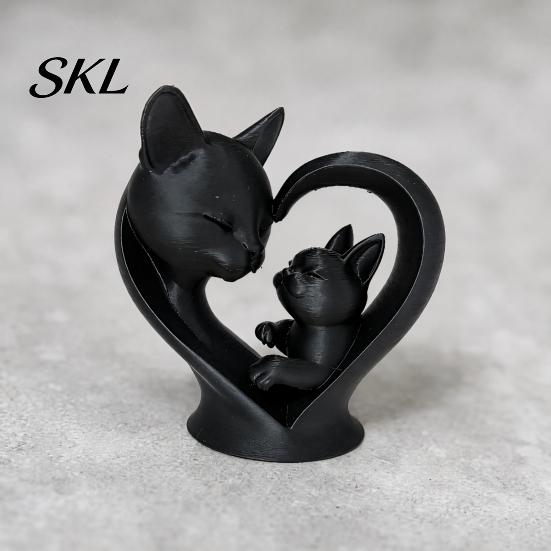 Cat Parent Child Ornament Mother Baby Figurine, 3D Printed Heart Sculpture for Desk Decor, Healing Gift Modern Art Statue Living Room Study,