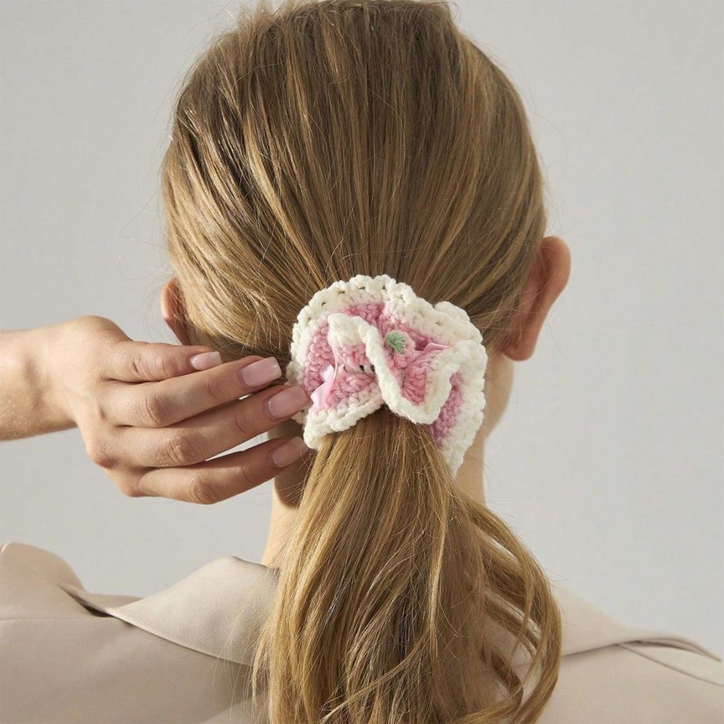 Hair Scrunchie Yarn Strawberry Flower Crochet Designs For Everyday Wear Or Special Occasion Hair Styling Accessories
