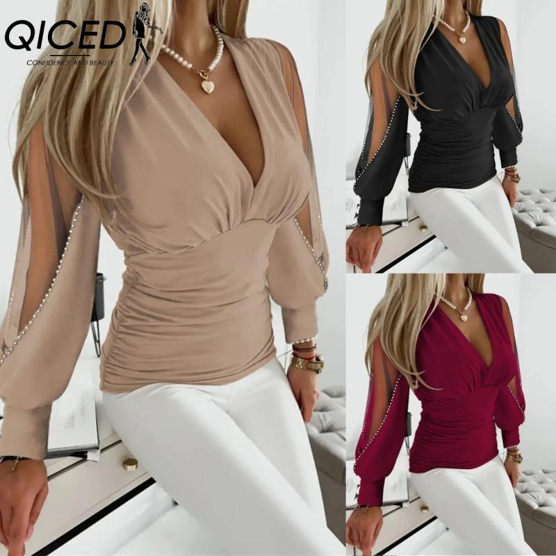QICED Women's Fashion Casual Solid Color Print Long Sleeve V Neck Blouses & Shirts