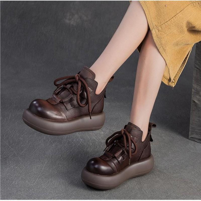 Fashion 6.5cm Genuine Leather Women Sring Autumn Platform Wedge Fashion Comfy Shoes Retro Loafer Pumps Flats Outdoor Walking Sneakers