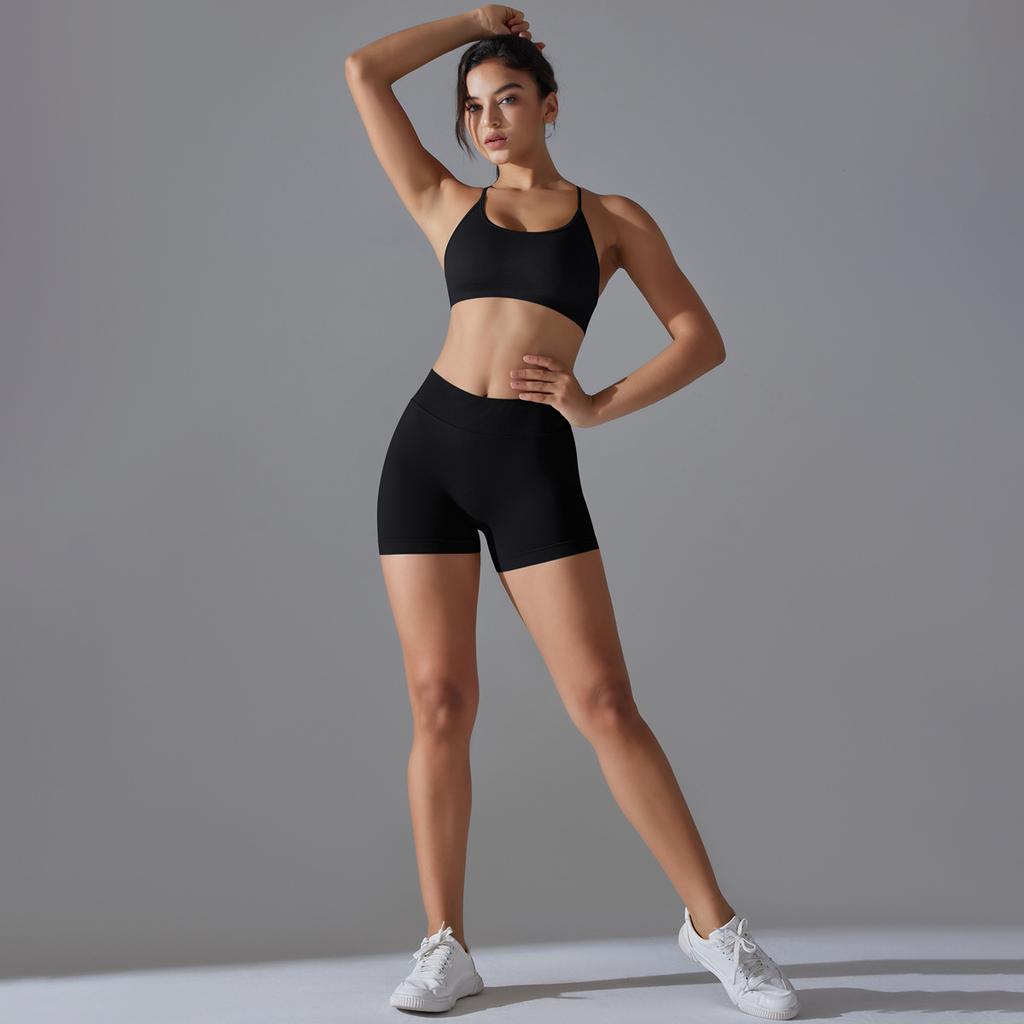 Seamless Solid Color Cross Beauty Back High Elastic Tight Sports Underwear Yoga Suit Running Fitness Two-piece Set