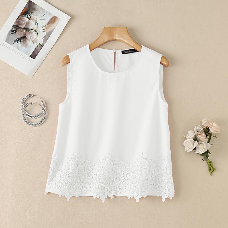 ZANZEA Women Casual Round Neck Loose Sleeveless Lace Crochet Patchwork Vest Tops M белый