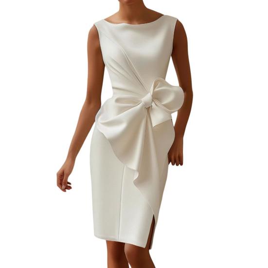 Women Sleeveless Bodycon Dress Ruched Bow Tie Side Slit Midi Dress Lady Formal Cocktail Party Work Dress