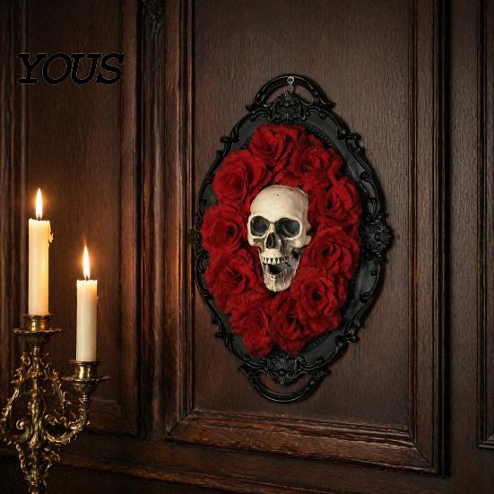 Vintage Skull Wall Hanging Halloween Gothic Decoration, Red Rose Frame Sculpture, Decoration Horror Spider Web Art Ornament for Holiday Party Creepy