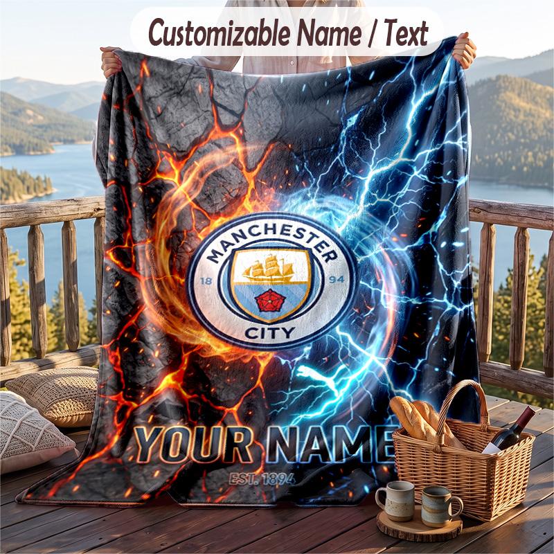 Flannel Blanket Manchester City Print Custom Name Text Soft Throw for Sofa Bed
