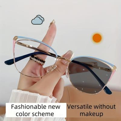 1pcs Metal Cat Eye Anti Blue Light Glasses UV Protection Day Night Dual Use Unisex Sunglasses