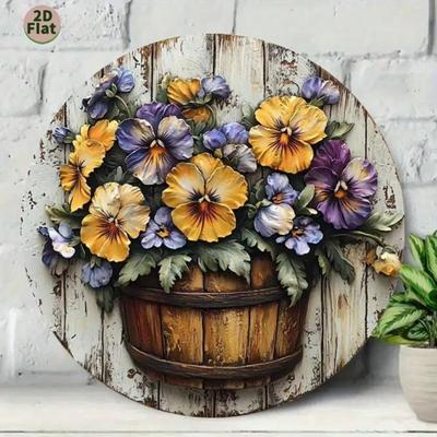 2D Flat Shabby Chic Round Tin Wall Art, Vintage Pansies In Metal Barrel Weathered Design