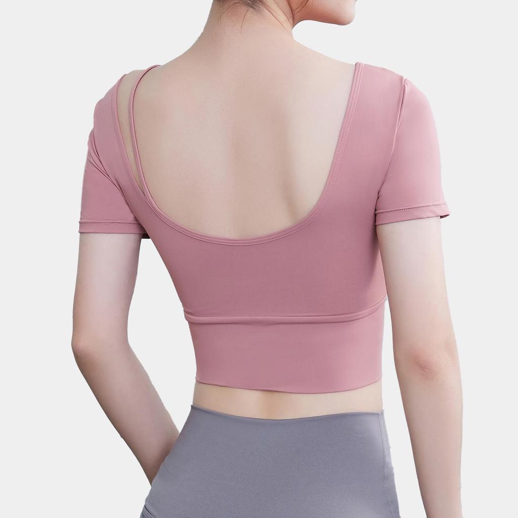 Summer Women's Quick-Dry Yoga Crop Top with Chest Pads - Short Sleeve Fitness Shirt