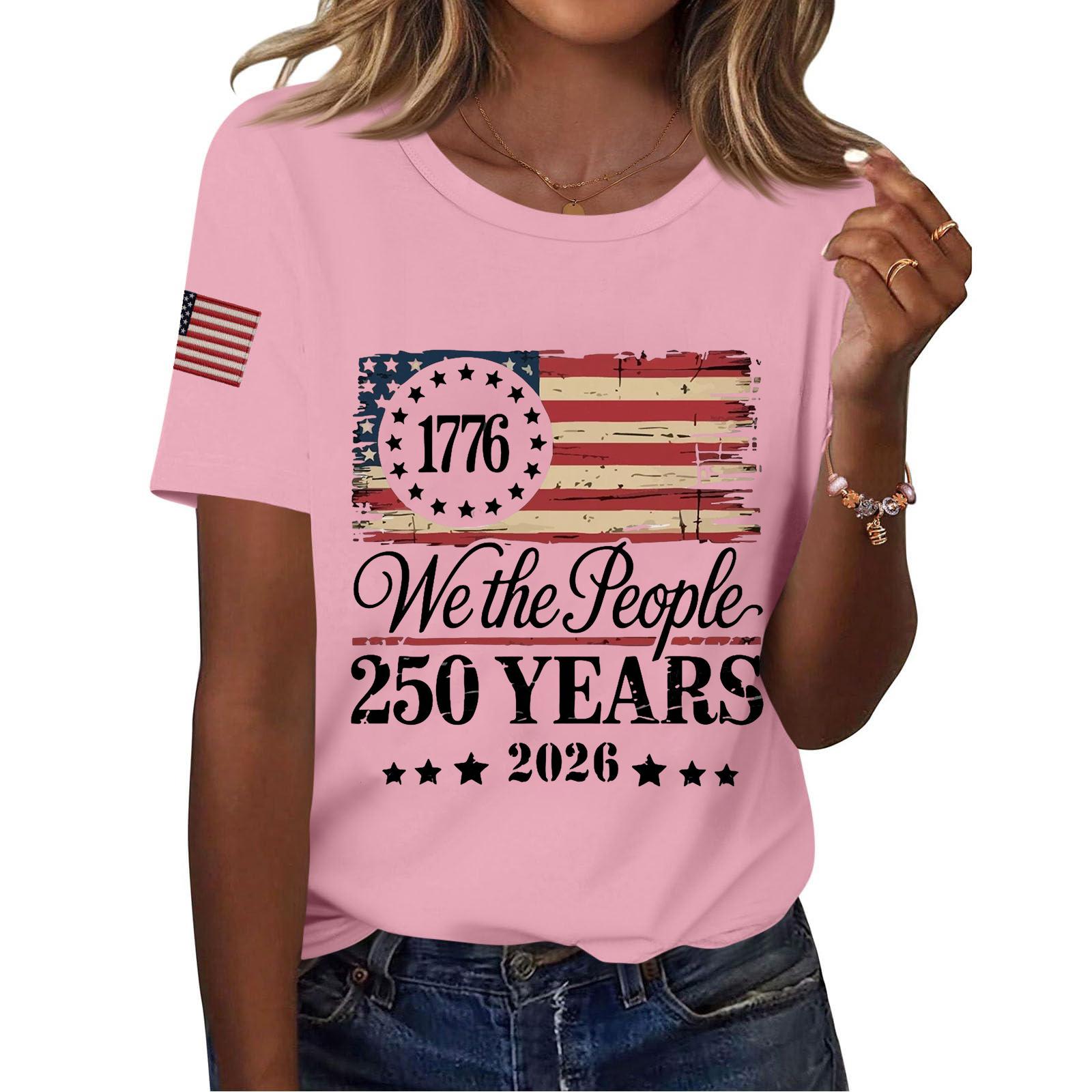 

Women Casual Independence Day Print Crew Neck Short Sleeve T-Shirt Top Lightweight Comfortable Fit Stylish Design Summer Wear S розовый