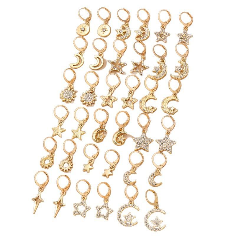 Star Moon Alloy Earring Set For Women With Flower Petal Design