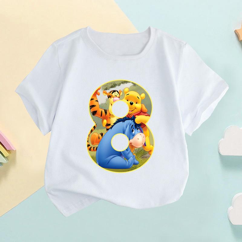 Winnie the Pooh Cute Bear Number Print Kids T shirt Girls Clothes 1 2 3 4 5 6 7 8 9 Years Birthday Baby Boys TShirtsHKP2756