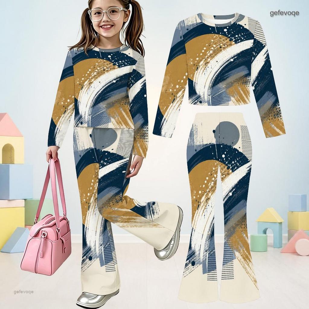 Girls Abstract Printed Round Neck Long Sleeve Top And Flared Pants Two Piece Set