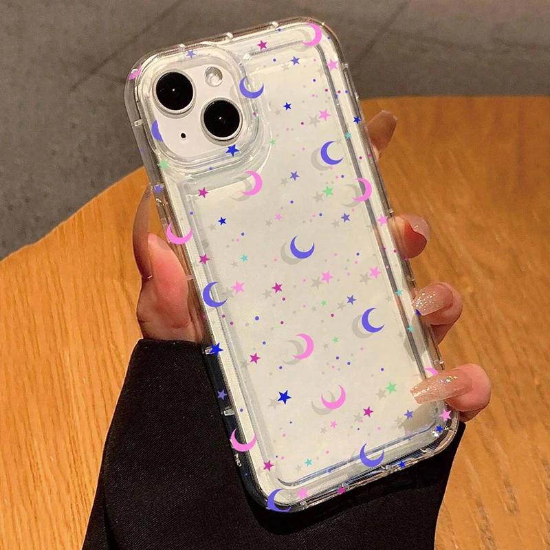 Moon Stars Print Clear Phone Case For lPhone 17 16 15 14 13 12 11 Pro Max XR X XS 7 8 15 Plus SE2Shockproof Silicone Cover Case