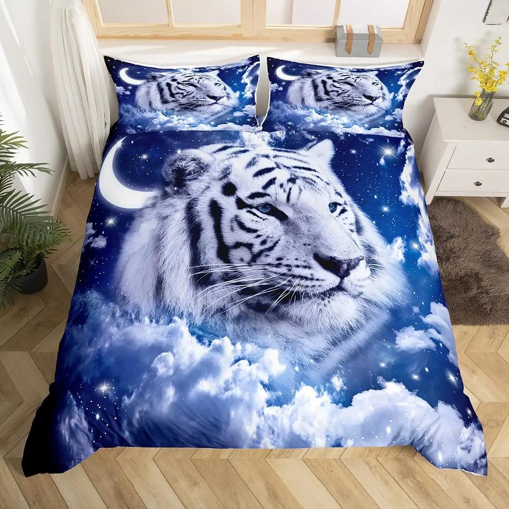 Galaxy Tiger Duvet Cover Set Blue Nebulas Stars Moon Bedding Sets Outer Space Wildlife Sky Starry King Comforter Cover Set