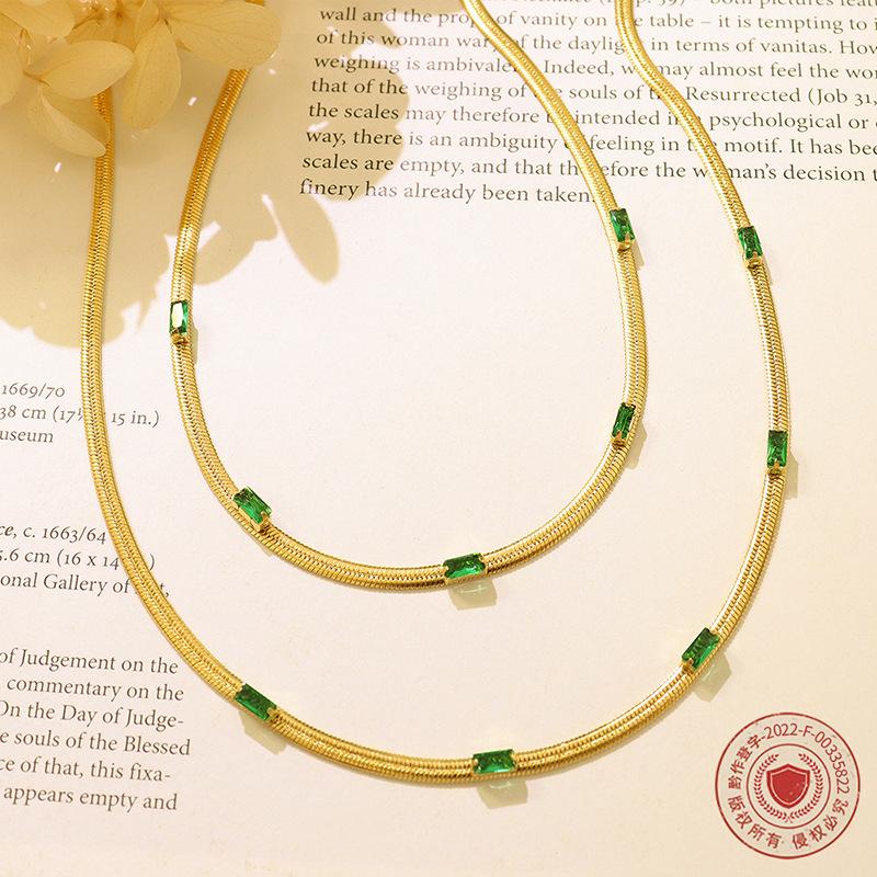 Green Zircon Inlaid Necklace & Titanium Steel Bracelet Set - Minimalist French Style Women's Holiday Gift