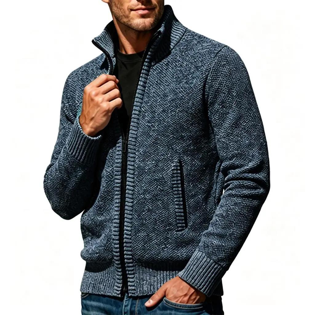 Men's Lined Long Sleeve Zip Up Sweater Cardigan with Stand Collar and Color Block Design