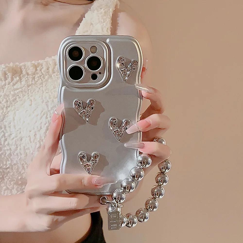 3D Cute Bling Glitter Love Heart Electroplated Phone Case with Bead Bracelet for iPhone 15 14 Plus 13 12 11 Pro Max Soft Cover