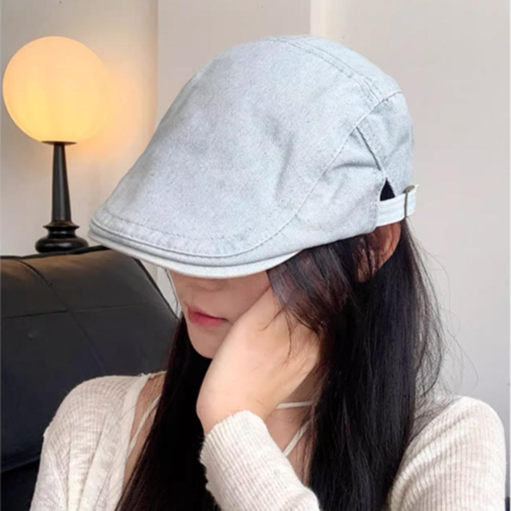Retro Denim Newsboy Cap Adjustable Forward Flat Hat, Casual Versatile Face Slimming Artist Beret Hat for Men Women