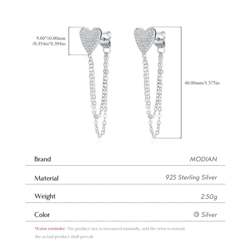 MODIAN 925 Silver Sparkling CZ Hearts Long Tassel Chain Trendy Daily Stud Earrings For Women Fine Jewelry Gifts