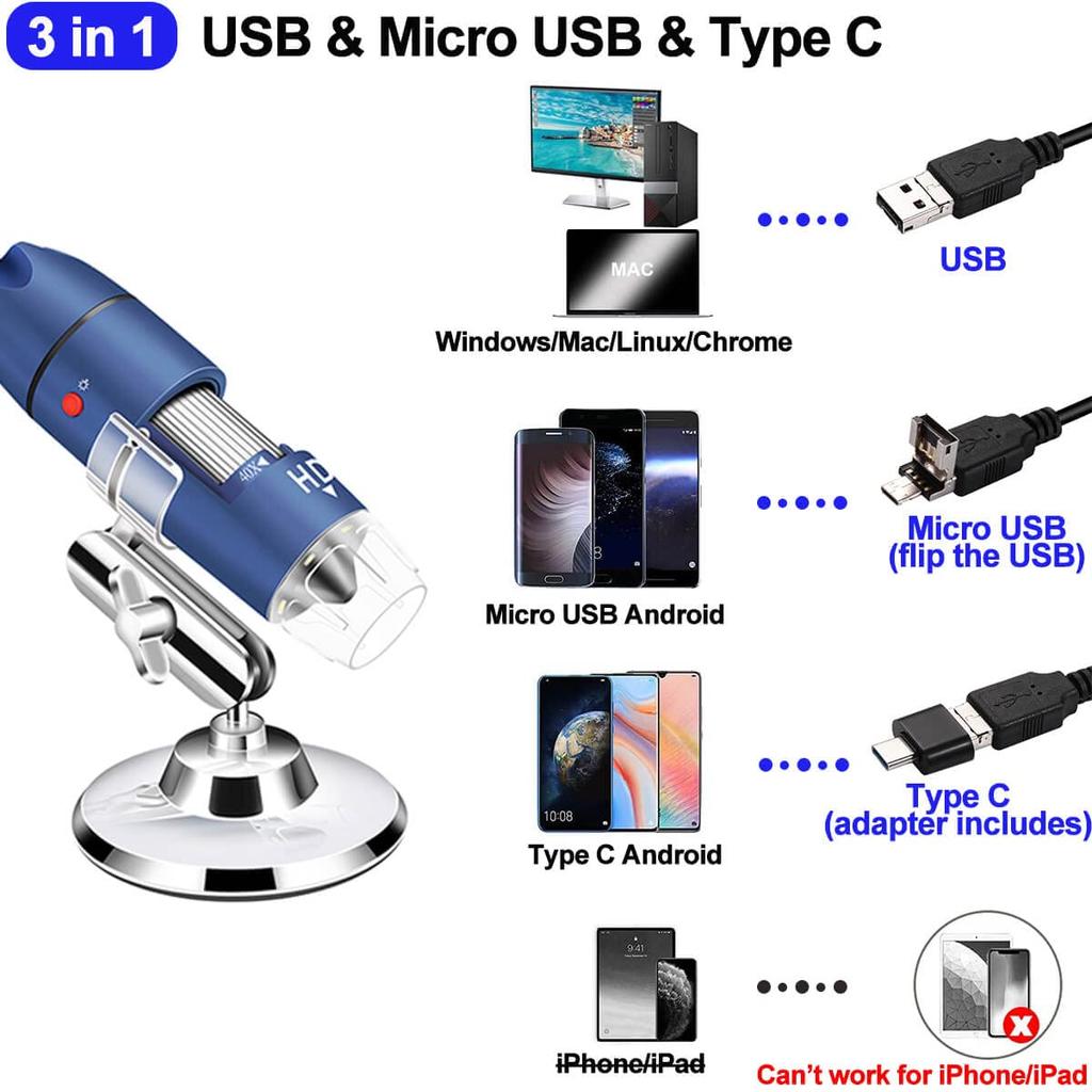 Jiusion 2K HD 2560x1440P USB Digital Microscope for Android Phones and Tablets, Windows, Mac, Linux, 40x to 1000x Magnification, Mini Endoscope Handhe